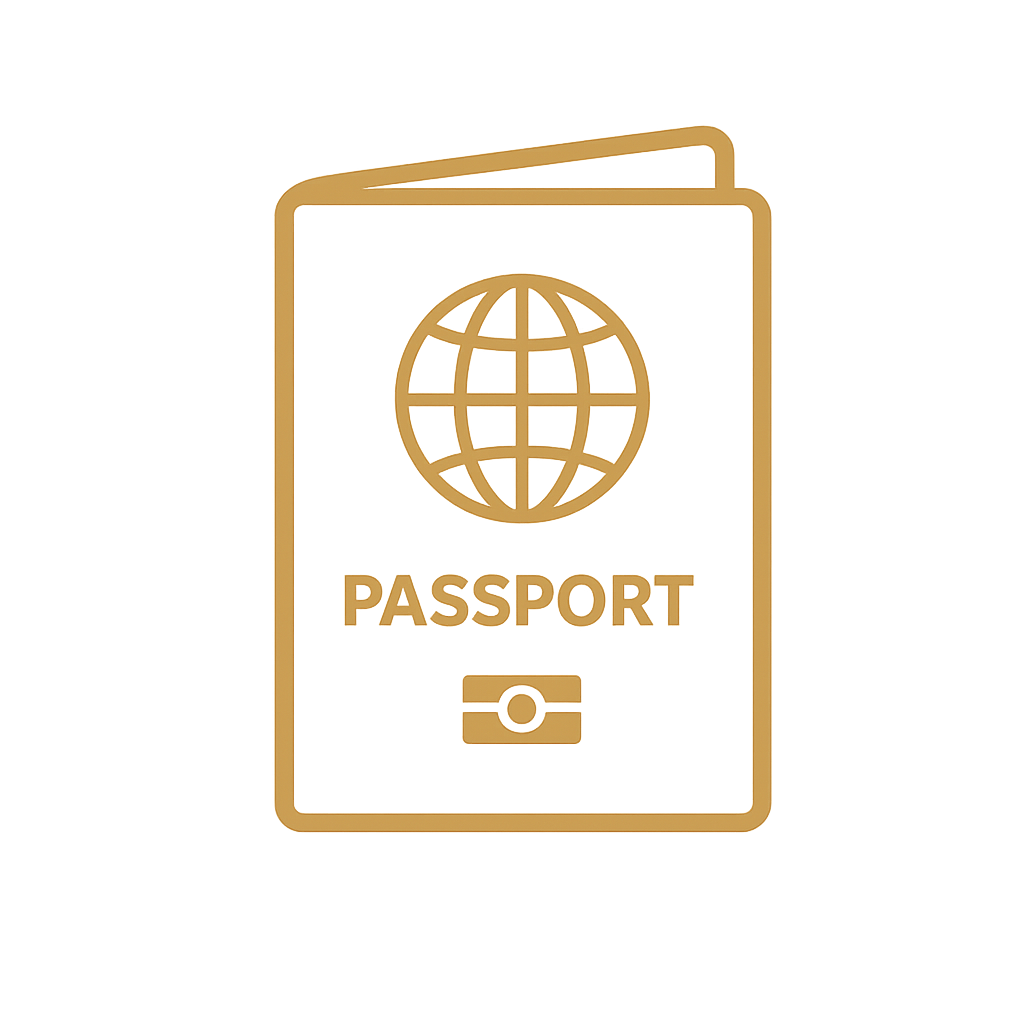 Gold illustration of a passport with a globe icon on the cover.