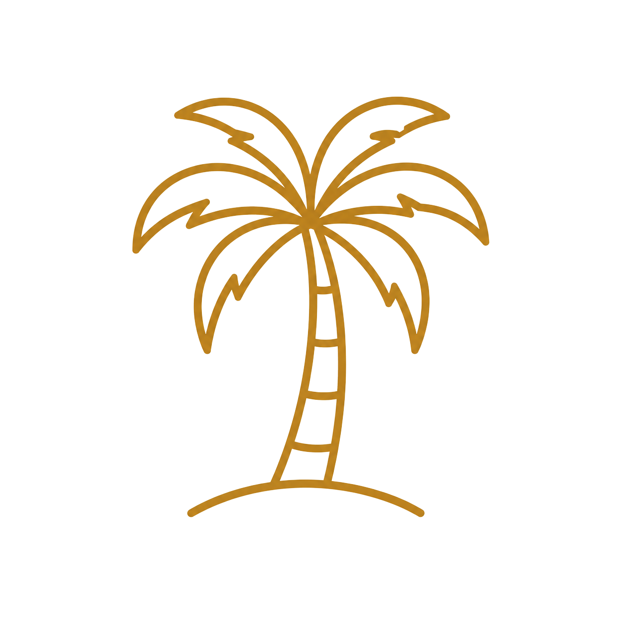 Stylized outline of a palm tree with a brown trunk and leaves, placed in front of a background split into black, cream, and turquoise sections.