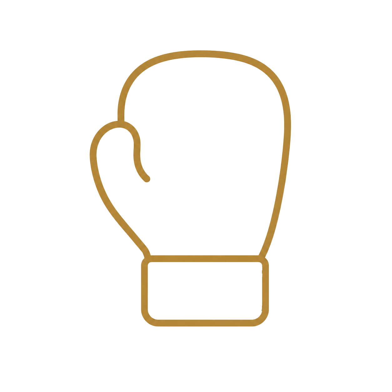 Outline of a hand in a mitten, with the thumb on the left, in a gold color.