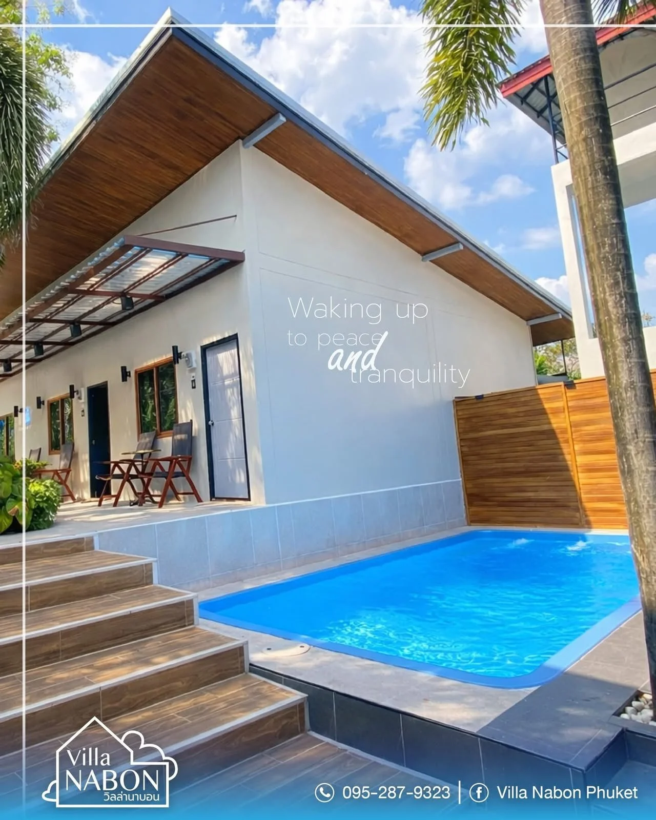 A modern house with a small swimming pool, potted plants, and outdoor seating on a sunny day. Text overlay reads 'Waking up to peace and tranquility.'