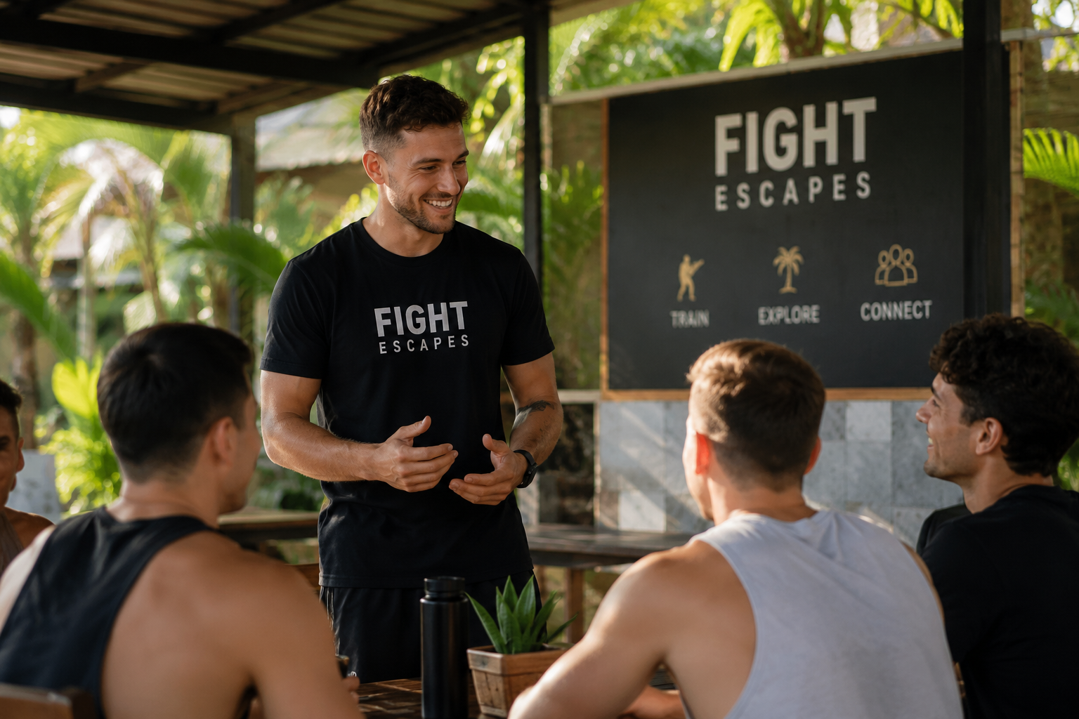 A man wearing a black 'FIGHT ESCAPES' t-shirt is smiling and speaking to a group of young men seated at a table outdoors, with a large blackboard behind him displaying the words 'FIGHT ESCAPES' and icons representing train, explore, and connect.