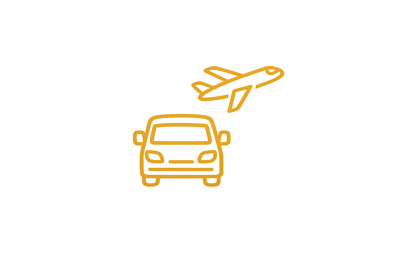 Neon signs of a car, airplane, and luggage bag glowing on a dark background.