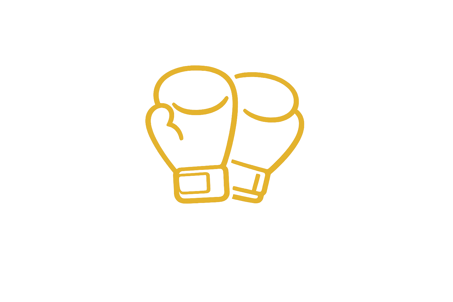 Neon sign of two boxing gloves hanging together in gold color on a black background.