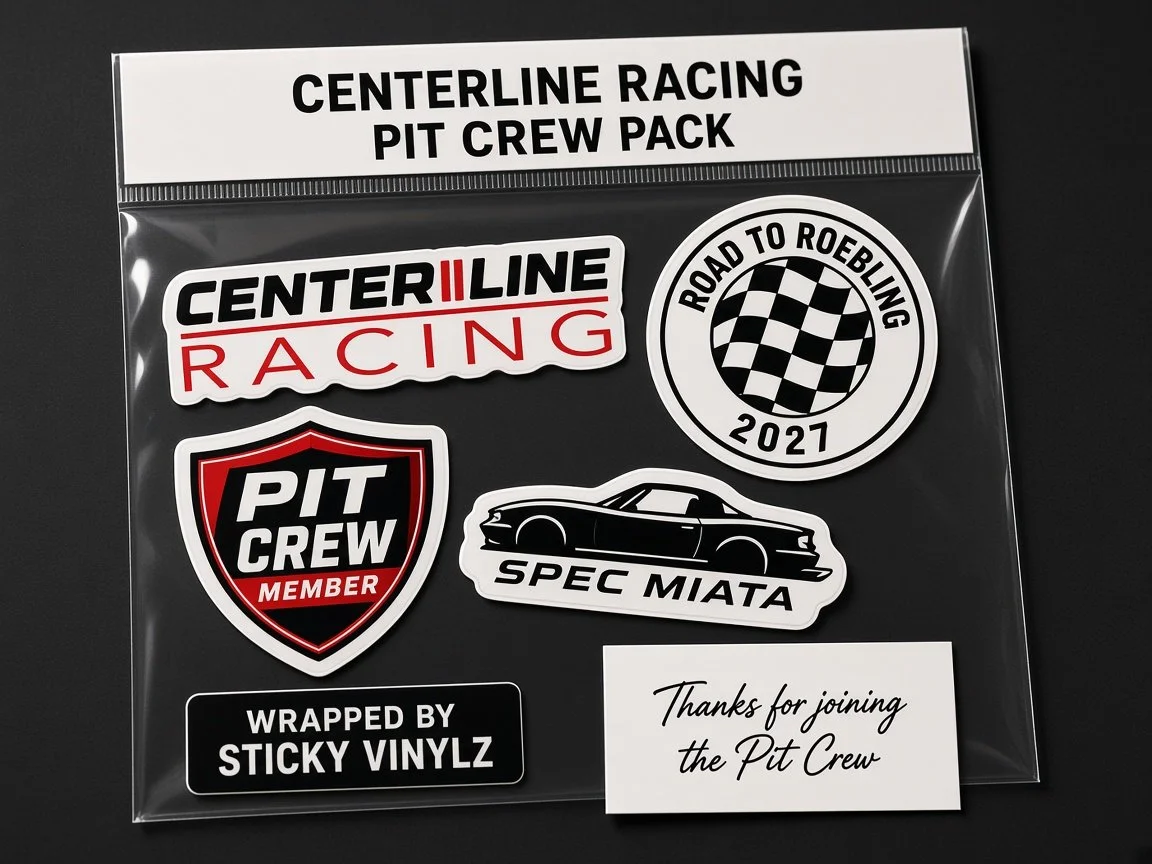 Centerline Racing Pit Crew sticker pack with five vinyl stickers and a thank-you card