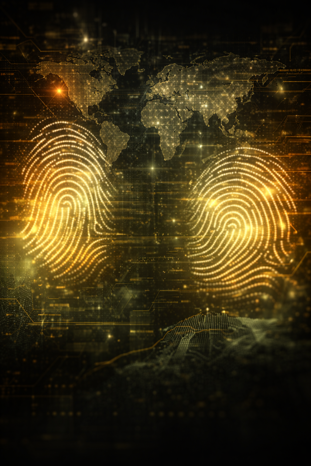 A digital representation of the world map illuminated with bright yellow lights and fingerprint patterns, symbolizing global security and identification and how green otter solutions differs from other companies.