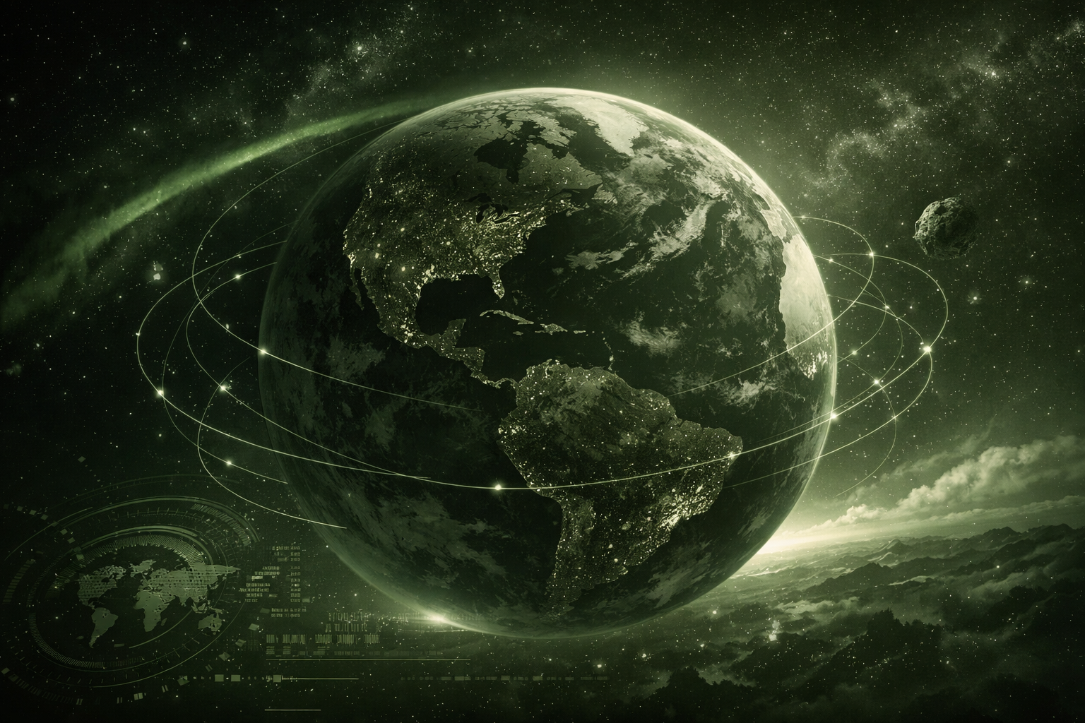 A digital rendering of Earth in space, glowing green with city lights visible surrounded by stars, with data overlays and motion lines indicating satellite orbits, showing how green otter solutions assists in global solutions.