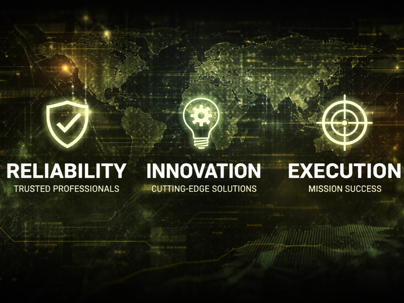 World map with glowing icons representing reliability, innovation, and execution above their respective words, with slogans below.