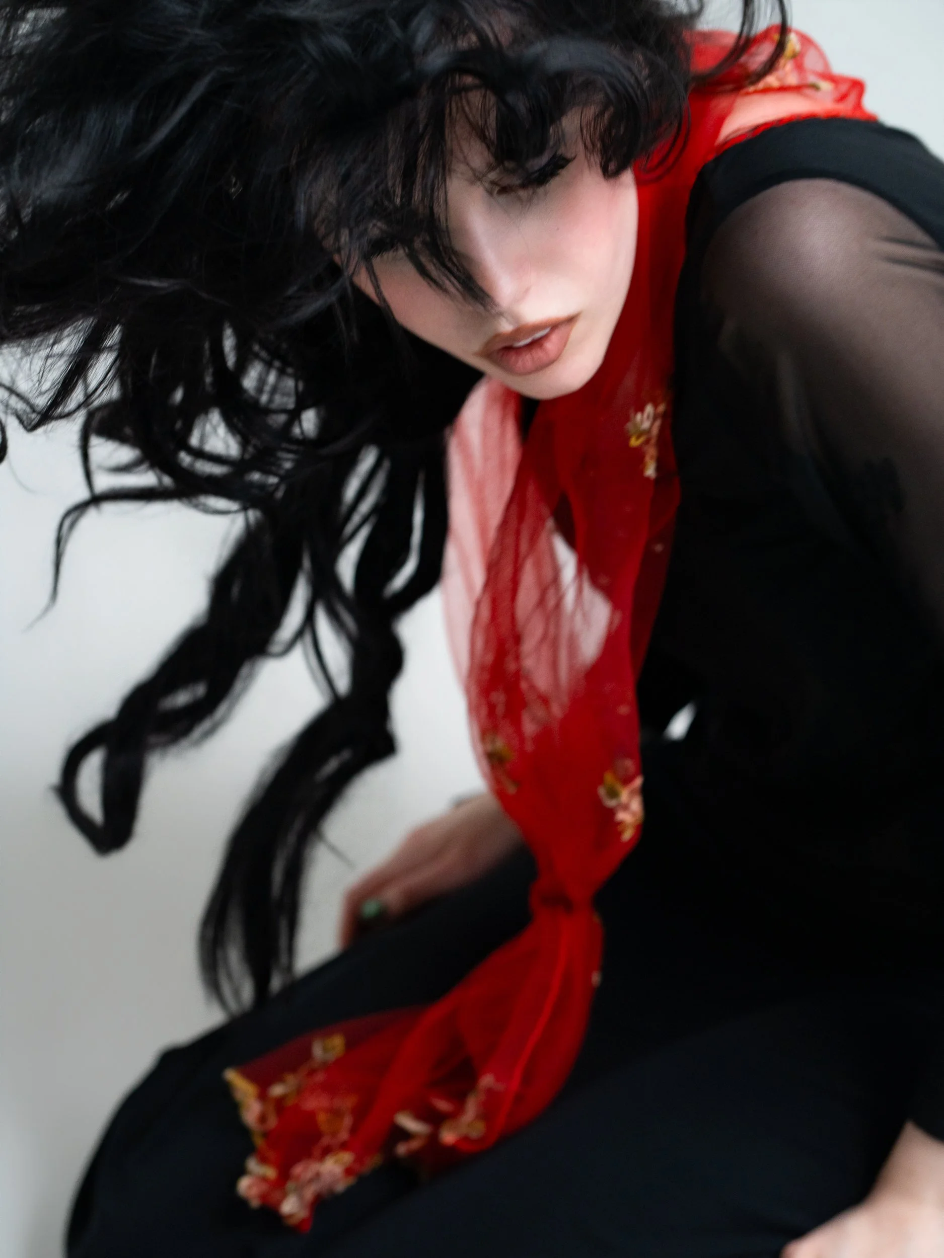 Arcadia in profile with windswept black hair, sheer red floral scarf over a black mesh top, high-key studio setting.