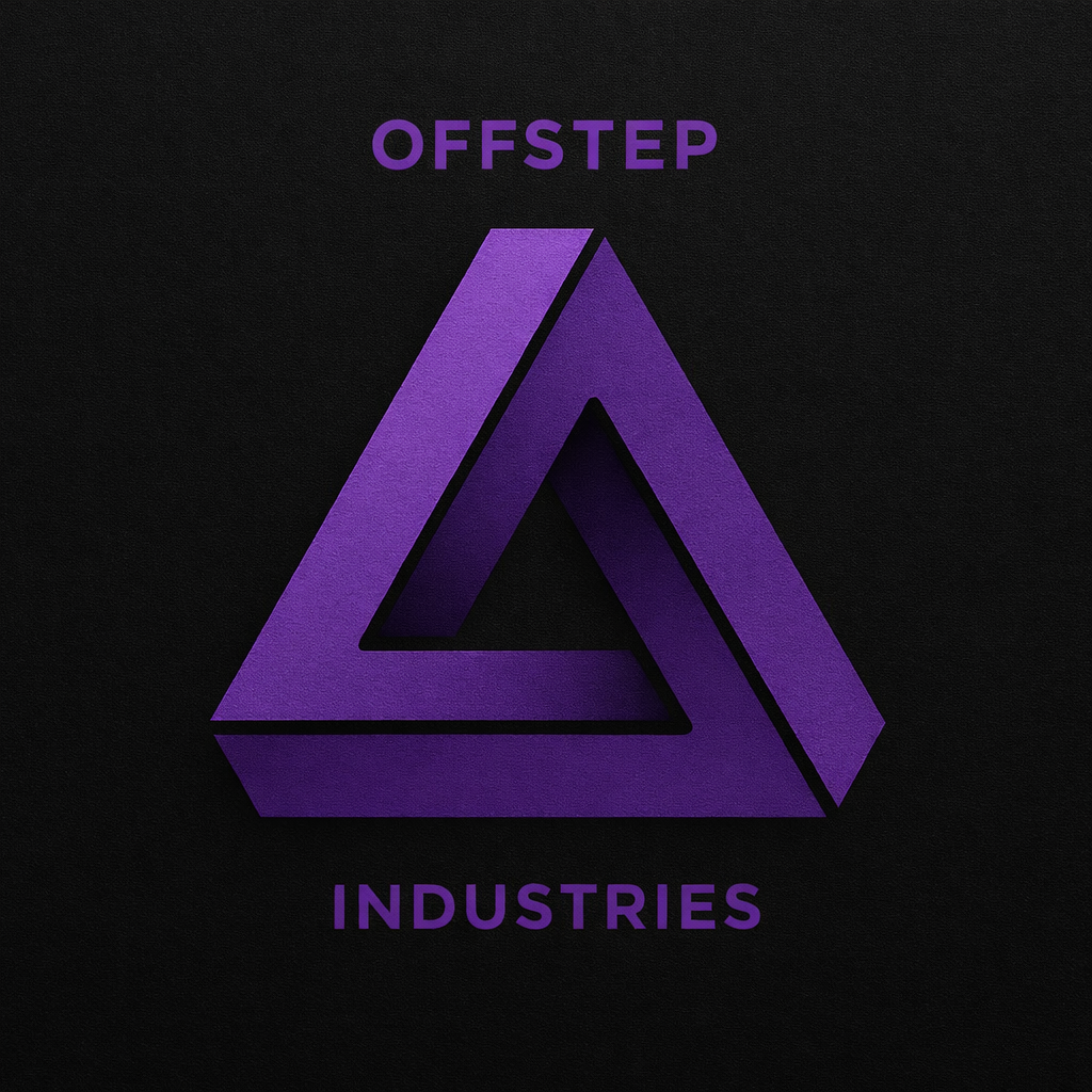 A logo with a purple Penrose triangle and the words 'OFFSTEP INDUSTRIES' above and below it on a black background.