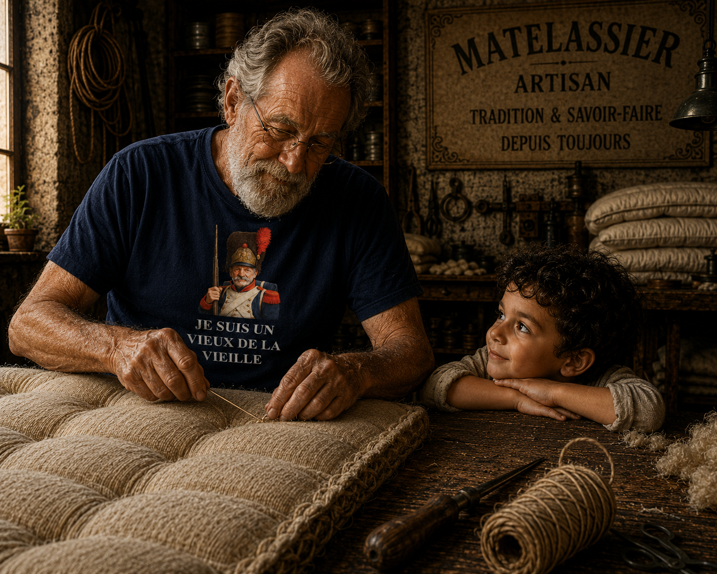 Illustration du tee-shirt historique PANACHE & CO « Vieux de la Vieille » représentant la transmission de l'expérience et du savoir-faire entre générations.