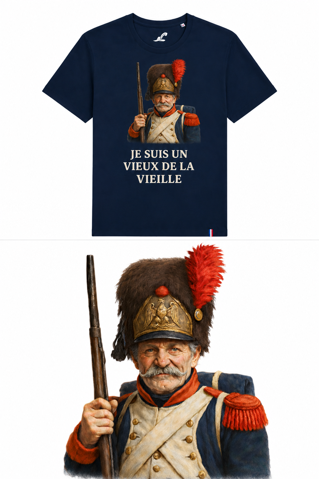 Tee-shirt PANACHE & CO Vieux de la Vieille représentant un grenadier de la Garde impériale napoléonienne.