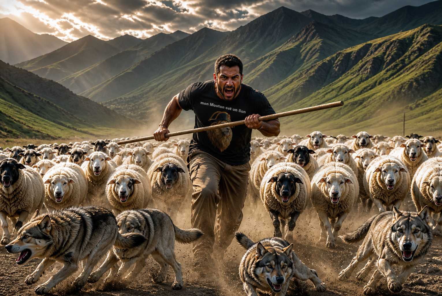 Illustration du tee-shirt PANACHE & CO « Mon mouton est un lion » montrant un berger guidant son troupeau face à des loups dans un paysage de montagne.