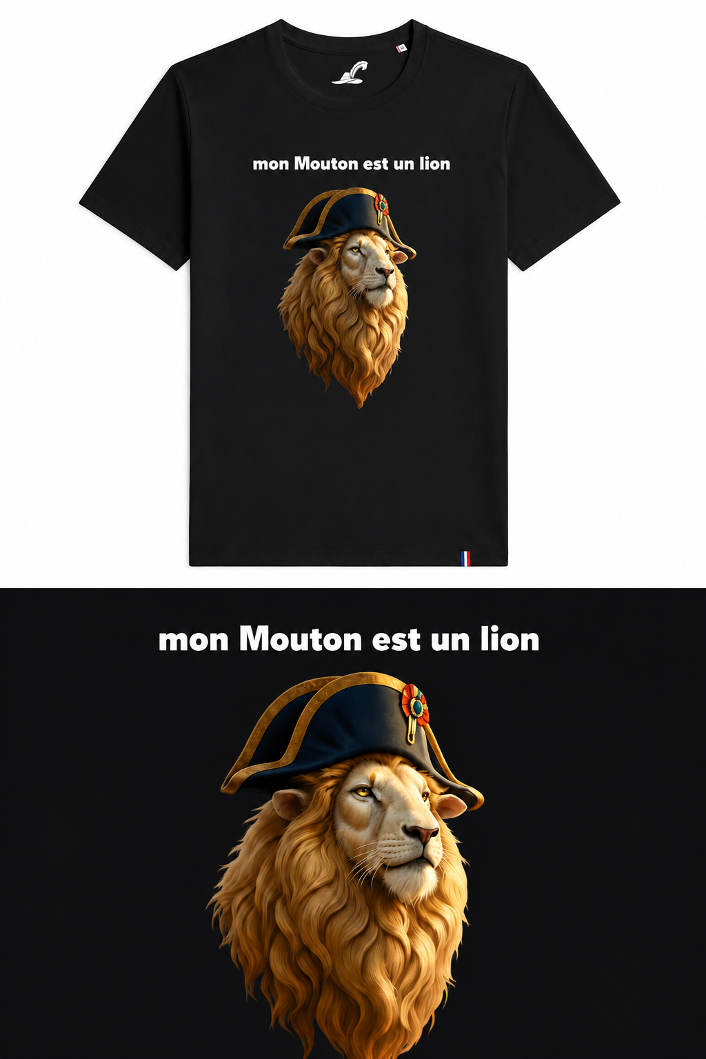 Tee-shirt PANACHE & CO « Mon mouton est un lion » porté par un berger guidant son troupeau face à des loups dans un paysage de montagne.