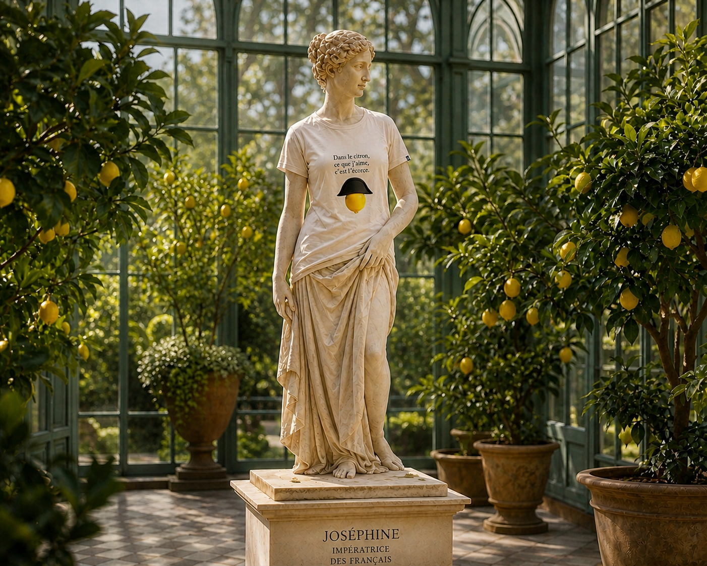 Statue de Joséphine impératrice des Français portant le tee-shirt historique PANACHE & CO « Dans le citron, ce que j'aime, c'est l'écorce ».