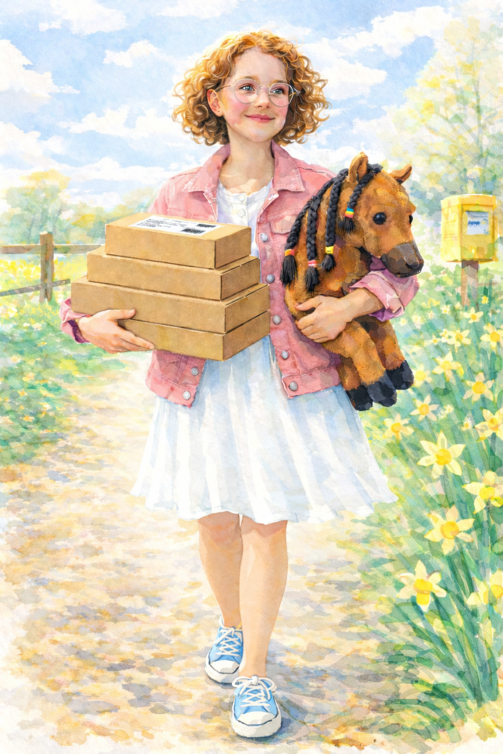 Portrait illustré d'Églantine portant un colis PANACHE & CO dans un paysage de campagne.