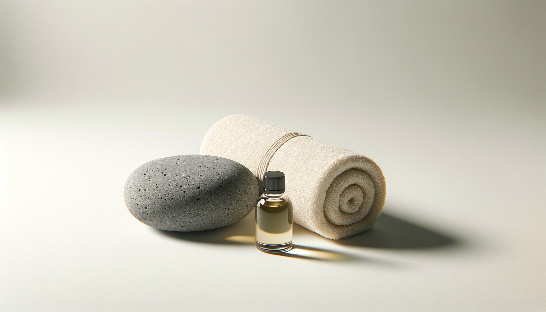 Spa essentials including a rolled beige towel, a smooth gray stone, and a small bottle of essential oil on a light background.