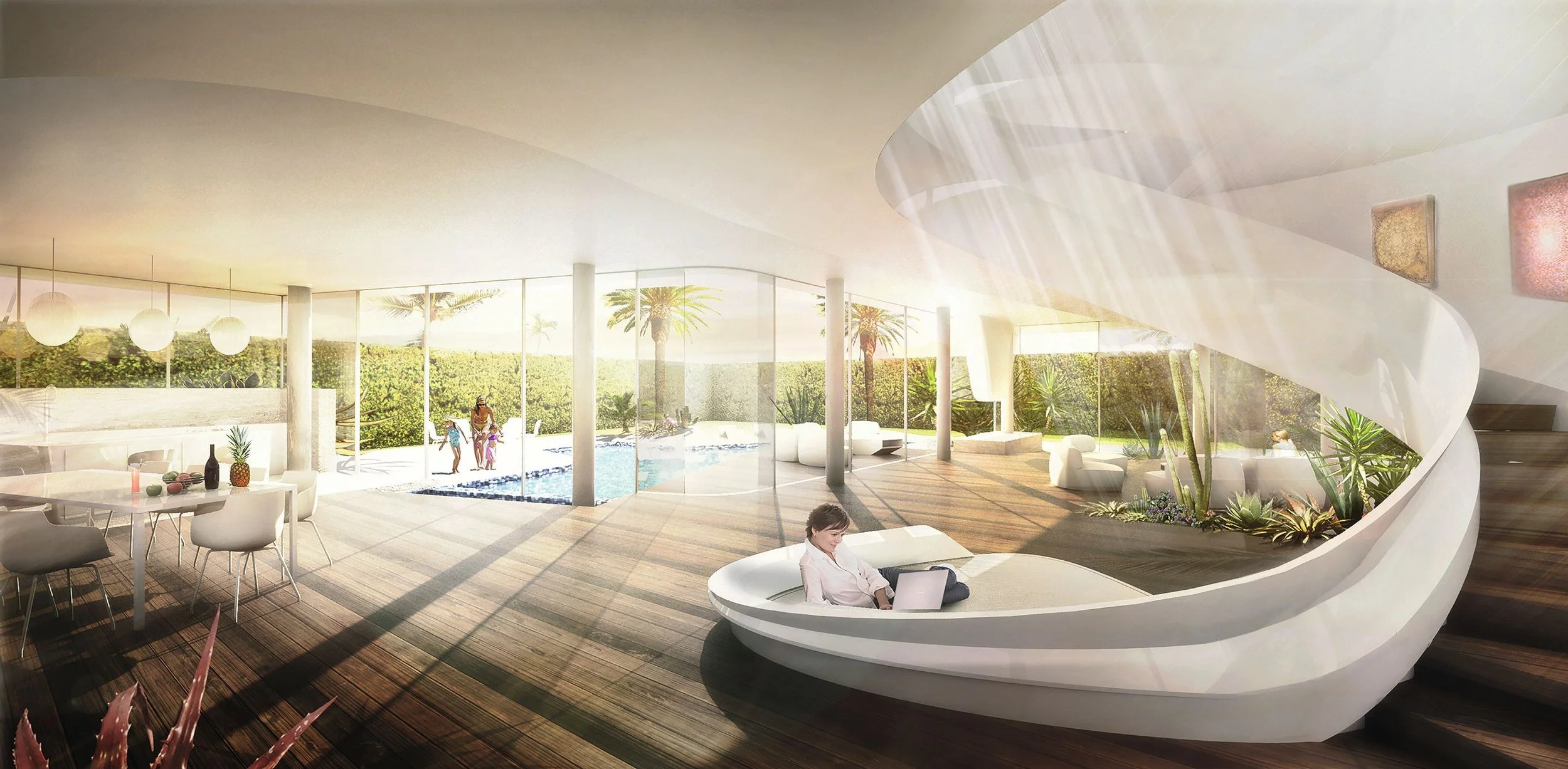 Modern interior living space with large glass windows, sunlight streaming in, a pool outside, and a woman relaxing on a white curved lounge. There is a dining area with chairs and a table, and greenery with palm trees outside.