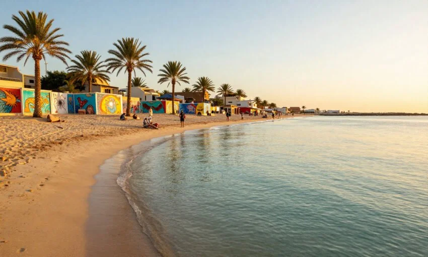 Beach scene at sunset with palm trees, colorful murals on buildings, and people walking and relaxing on the sandy shore.