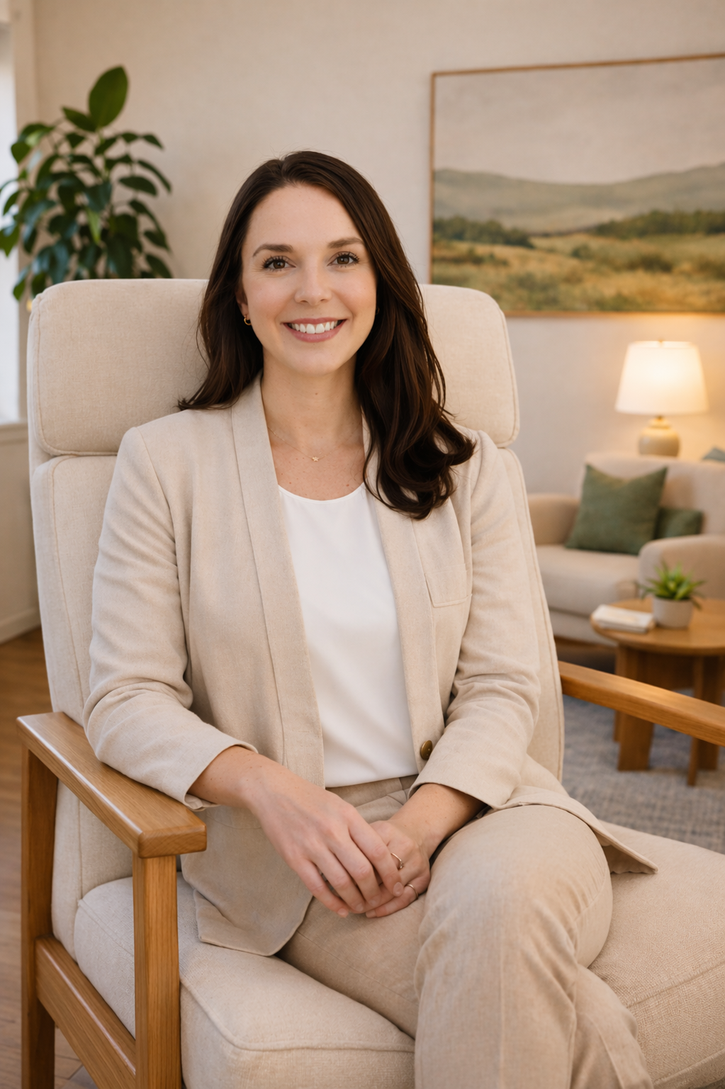 A woman with long brown hair, wearing a beige suit and white blouse, sitting on a beige chair in a room with a large framed landscape painting, a floor lamp, a cozy sofa with pillows, and a small wooden side table with a potted plant.