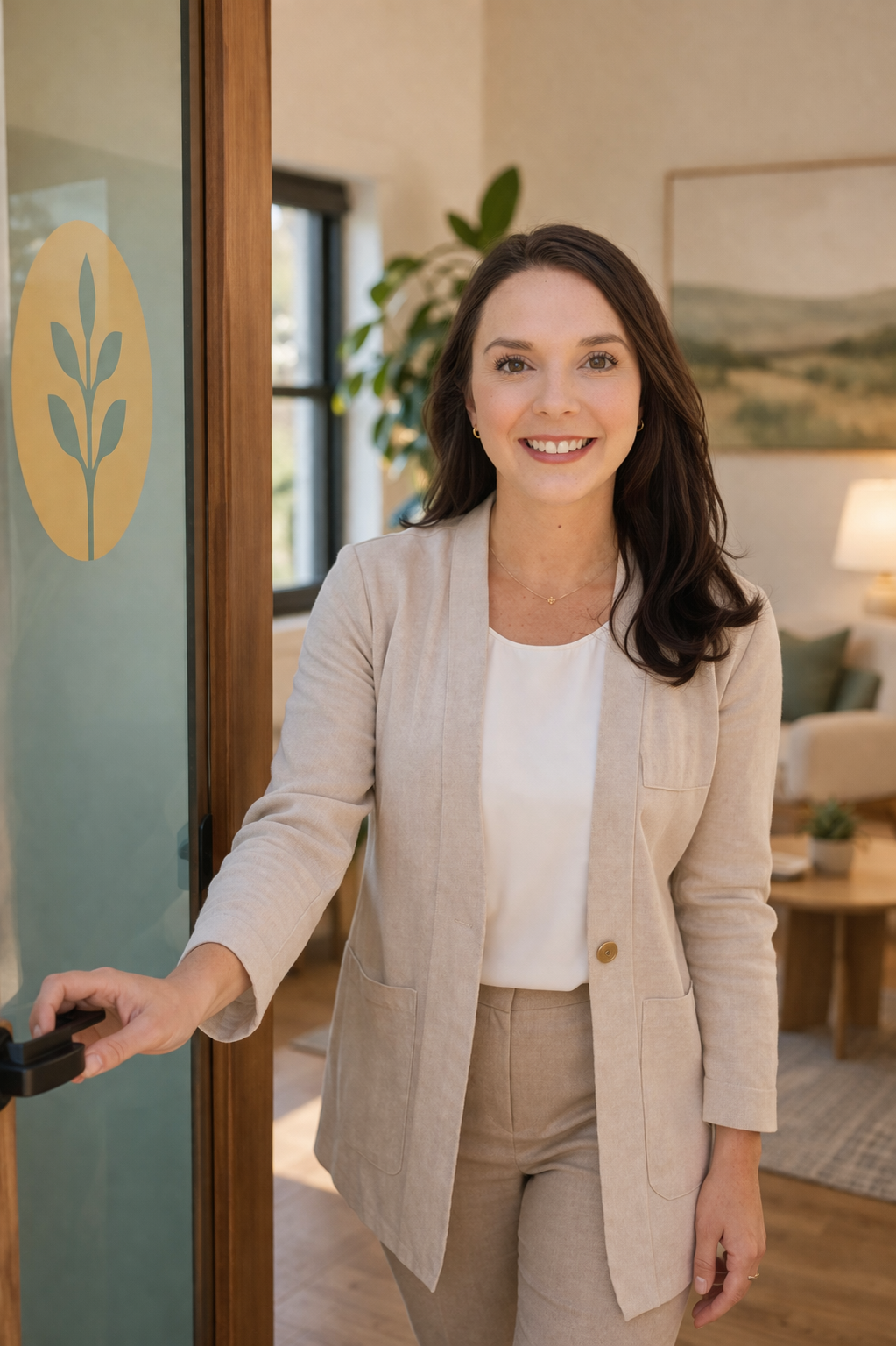 A woman with long dark hair, wearing a beige suit and white blouse, smiling and opening a glass door in a cozy room with a painting, a lamp, and plants in the background.
