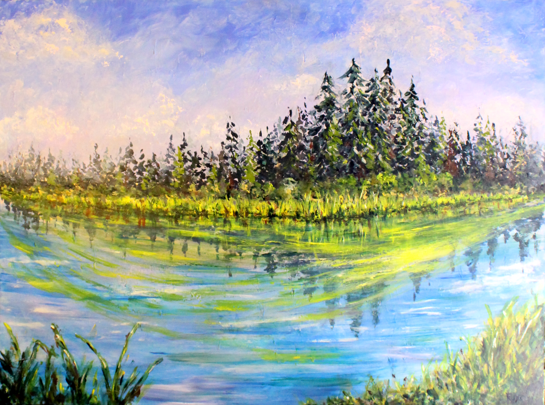 A landscape oil painting of a calm lake in front of a forest of pine trees under a partly cloudy sky.
