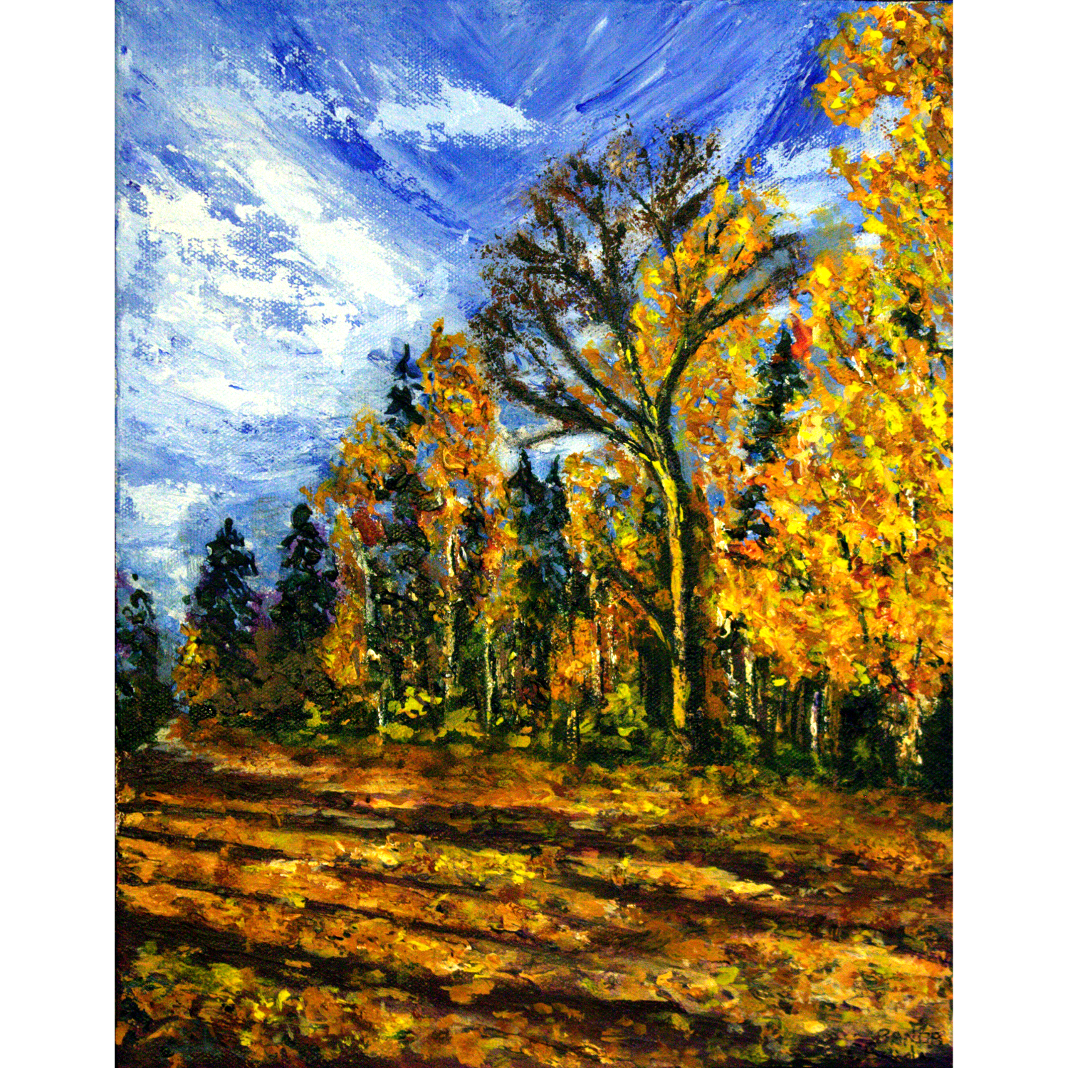 An impressionist painting of a forest scene in autumn, with colorful yellow and orange leaves on trees under a blue sky with white clouds.
