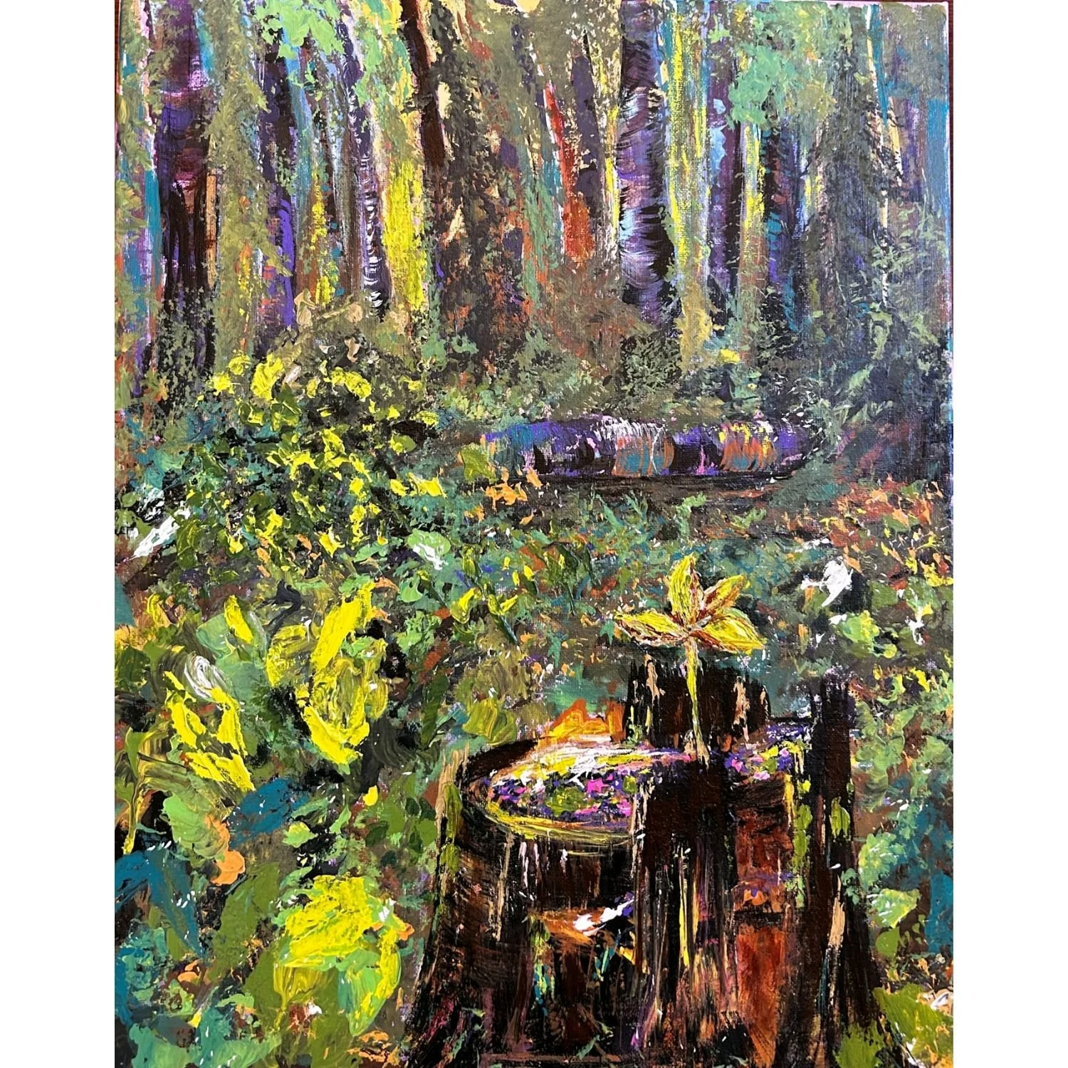 An impressionistic painting of a lush forest scene with tall trees, dense green foliage, and a small waterfall flowing into a round stone basin surrounded by tree stumps and plants.