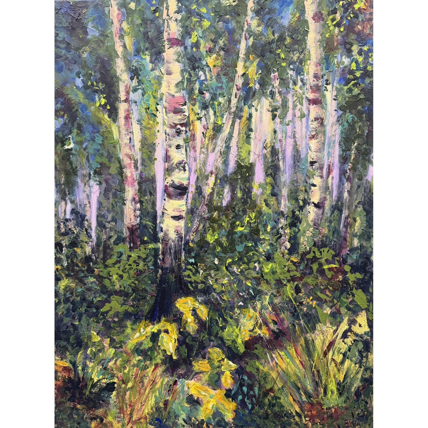 An impressionist painting of a grove of birch trees with green foliage and sunlight filtering through, creating a bright, lively scene.