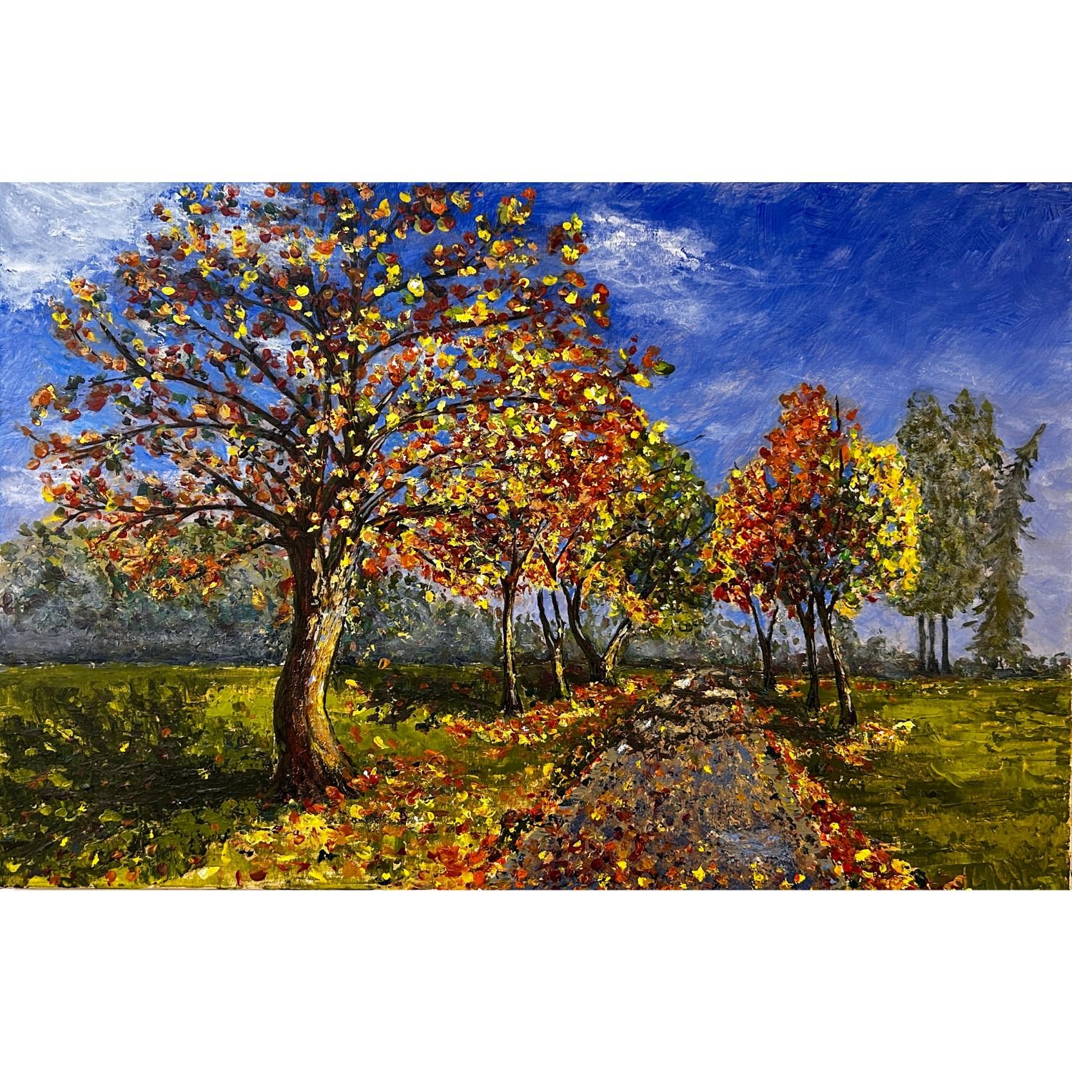 A colorful impressionist painting of trees with autumn foliage on a grassy landscape under a blue sky.