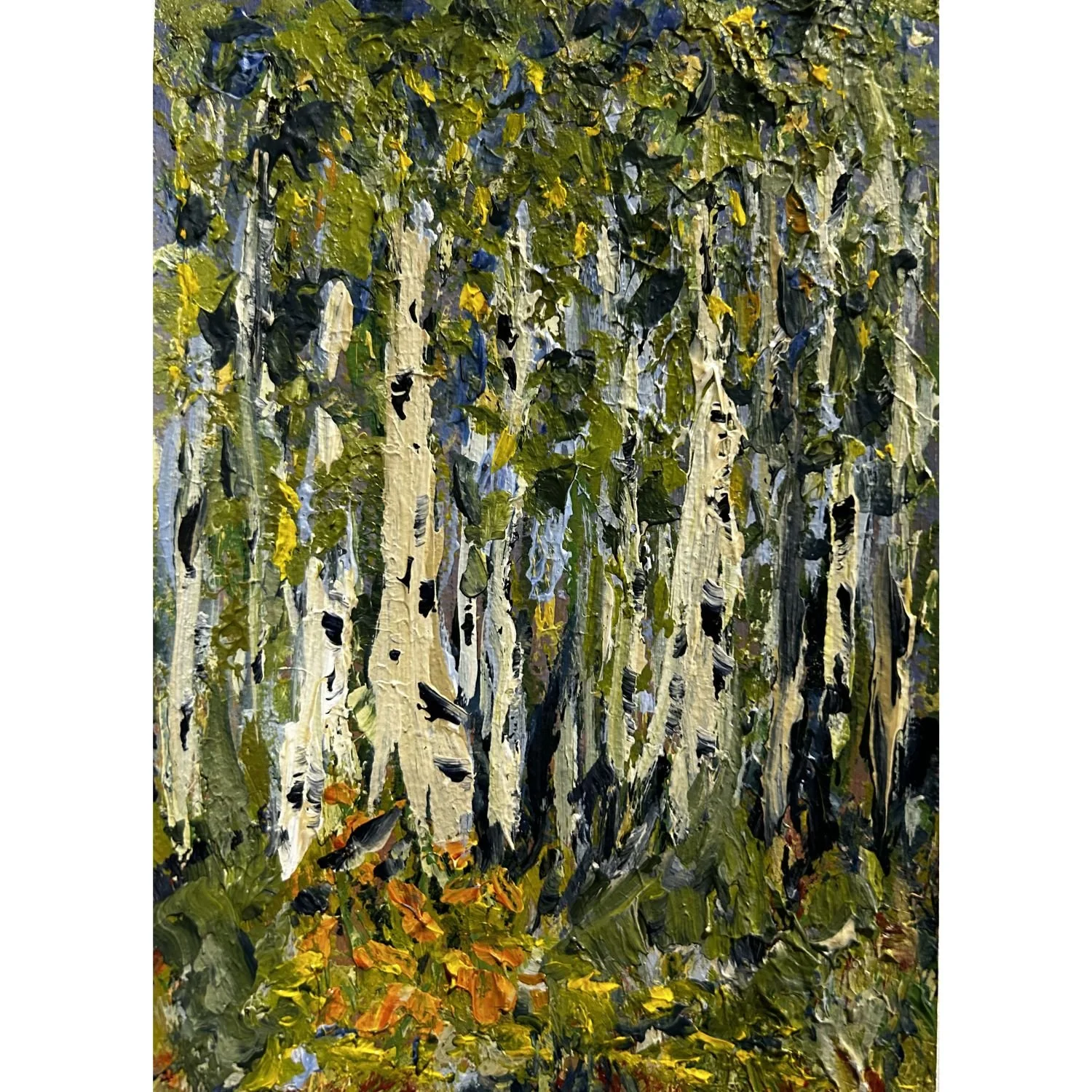 An impressionist painting of a dense forest with tall trees having white bark, green leaves, and a trail of fallen orange and yellow leaves on the ground.