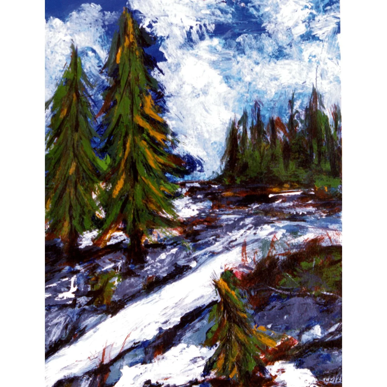 An impressionist-style painting of a snowy mountain landscape with tall evergreen trees on a partly cloudy day.