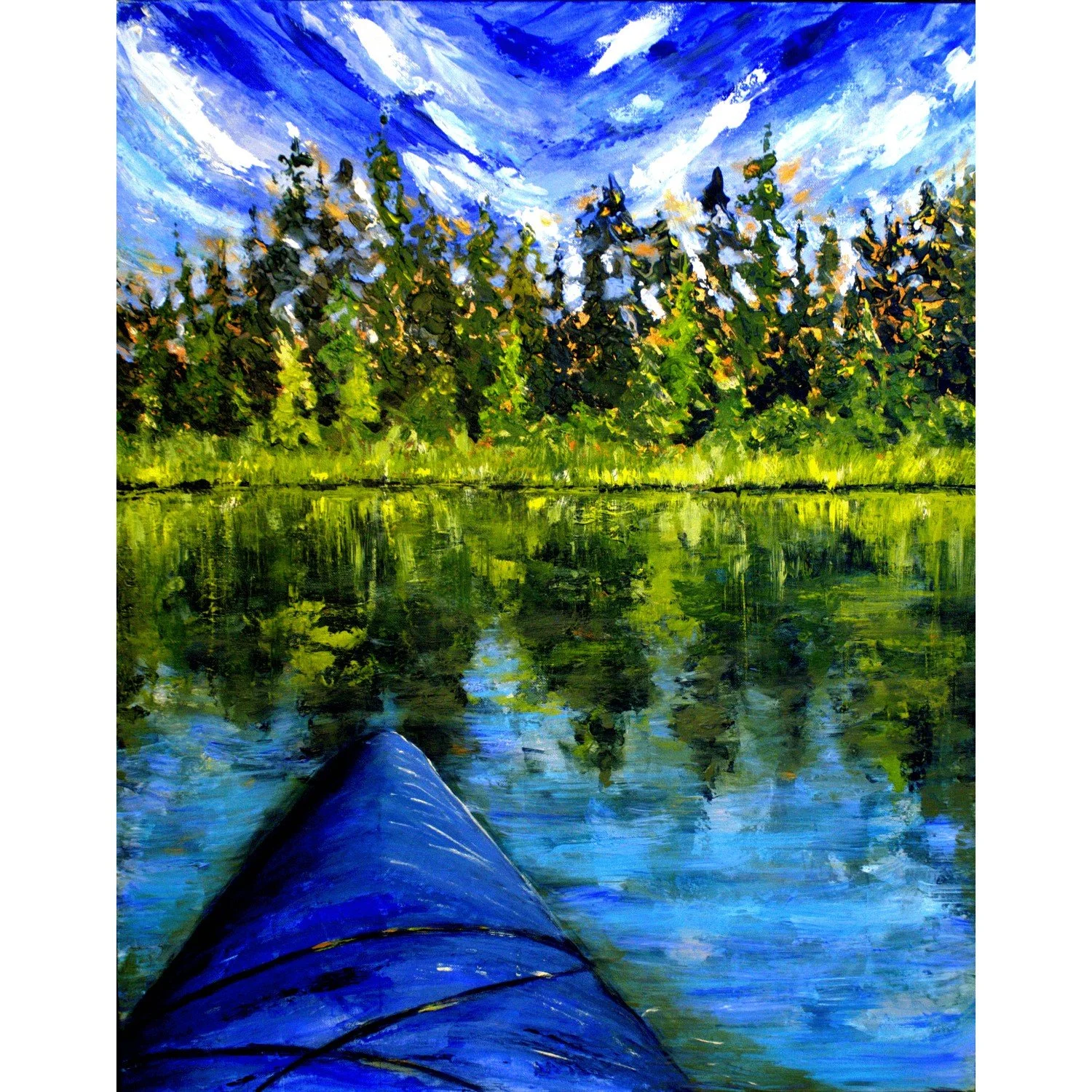 A landscape painting of trees reflected in water, with a blue sky and white clouds above, viewed from a kayak paddle in the foreground.