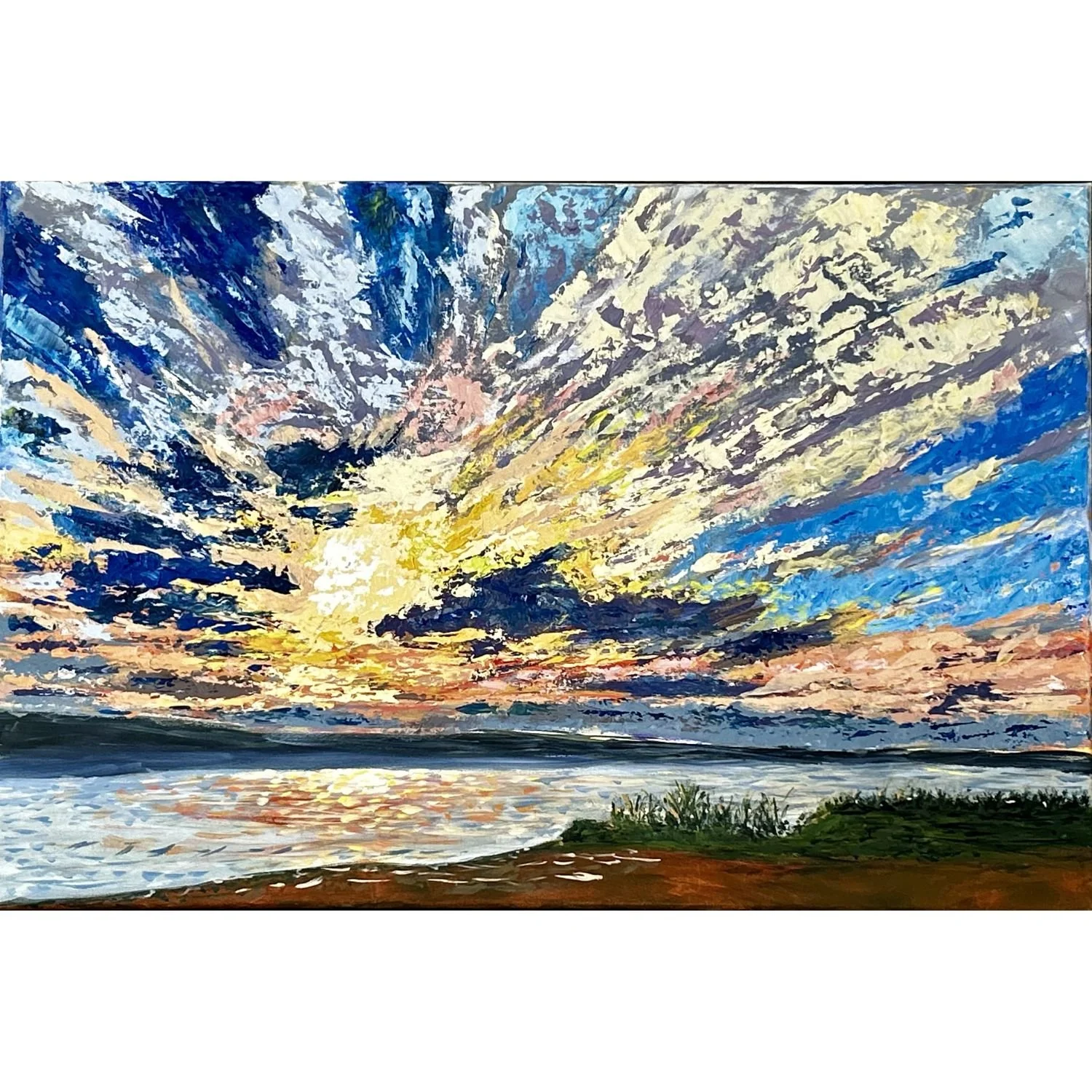 A colorful abstract painting of a sunset over water with clouds in the sky.