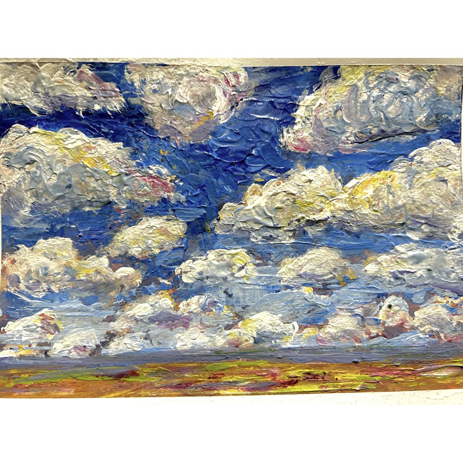Impressionist oil painting of a sky with white and yellow clouds and a mostly blue background, with a strip of land with green and purple at the bottom.