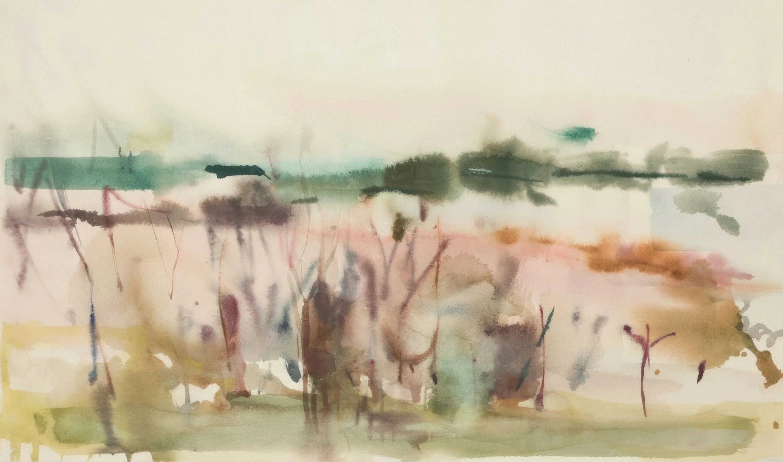 Abstract watercolor landscape with muted green, brown, pink, and yellow hues, depicting trees and a horizon in a soft, impressionistic style.