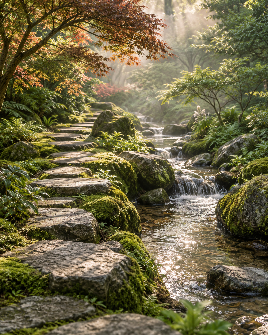 A tranquil Zen garden with moss-covered stepping stones, a gentle stream and sunlight filtering through maple trees