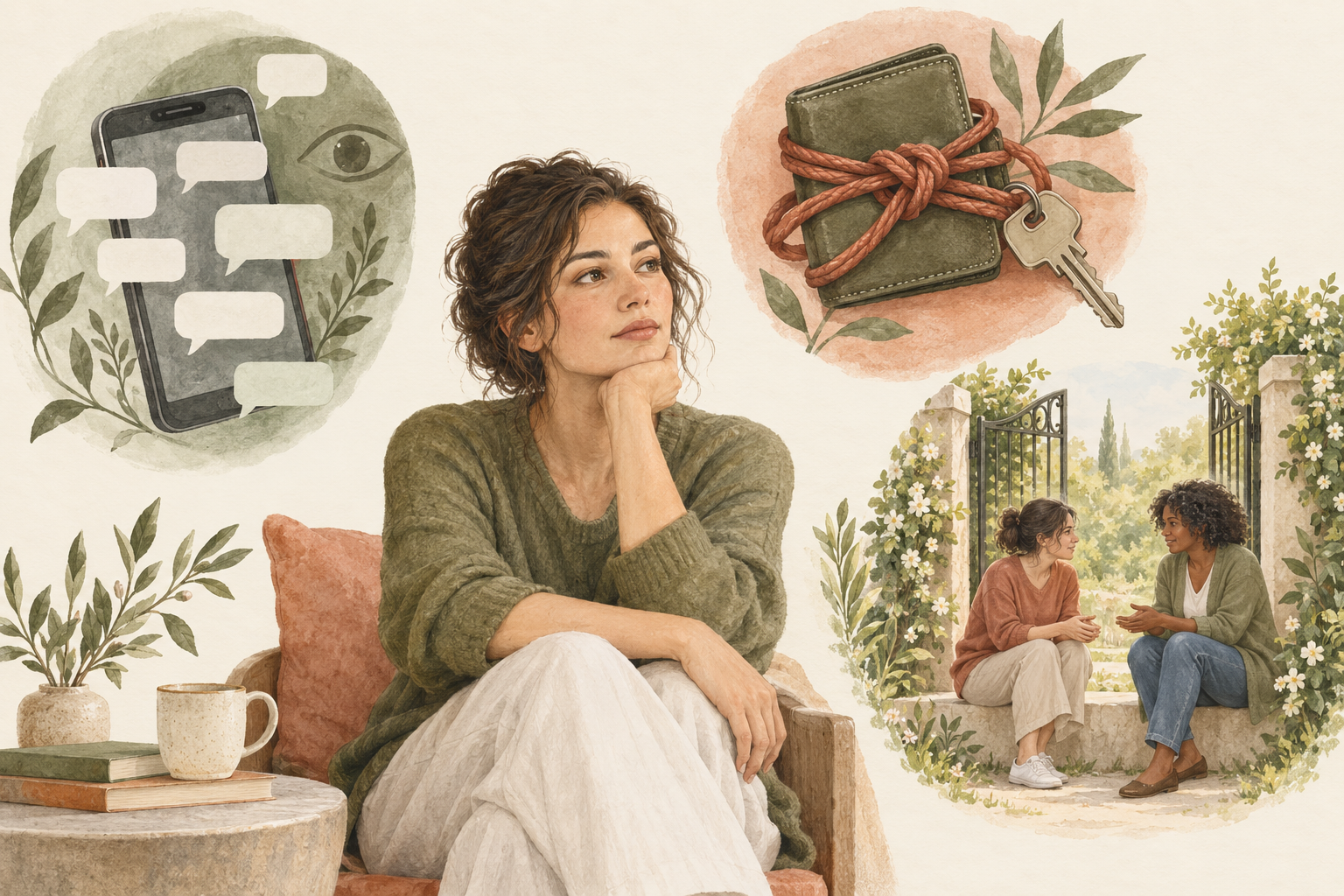 Illustrated phone monitoring, restricted access to money and keys, and a supportive conversation.
