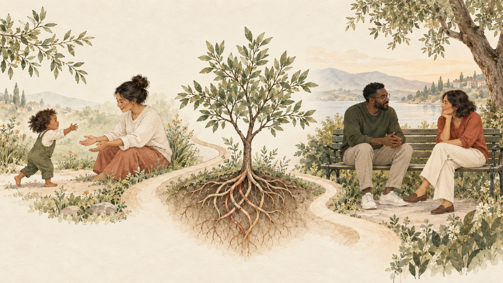 Illustrated child and caregiver, rooted tree, and two adults in supportive conversation.