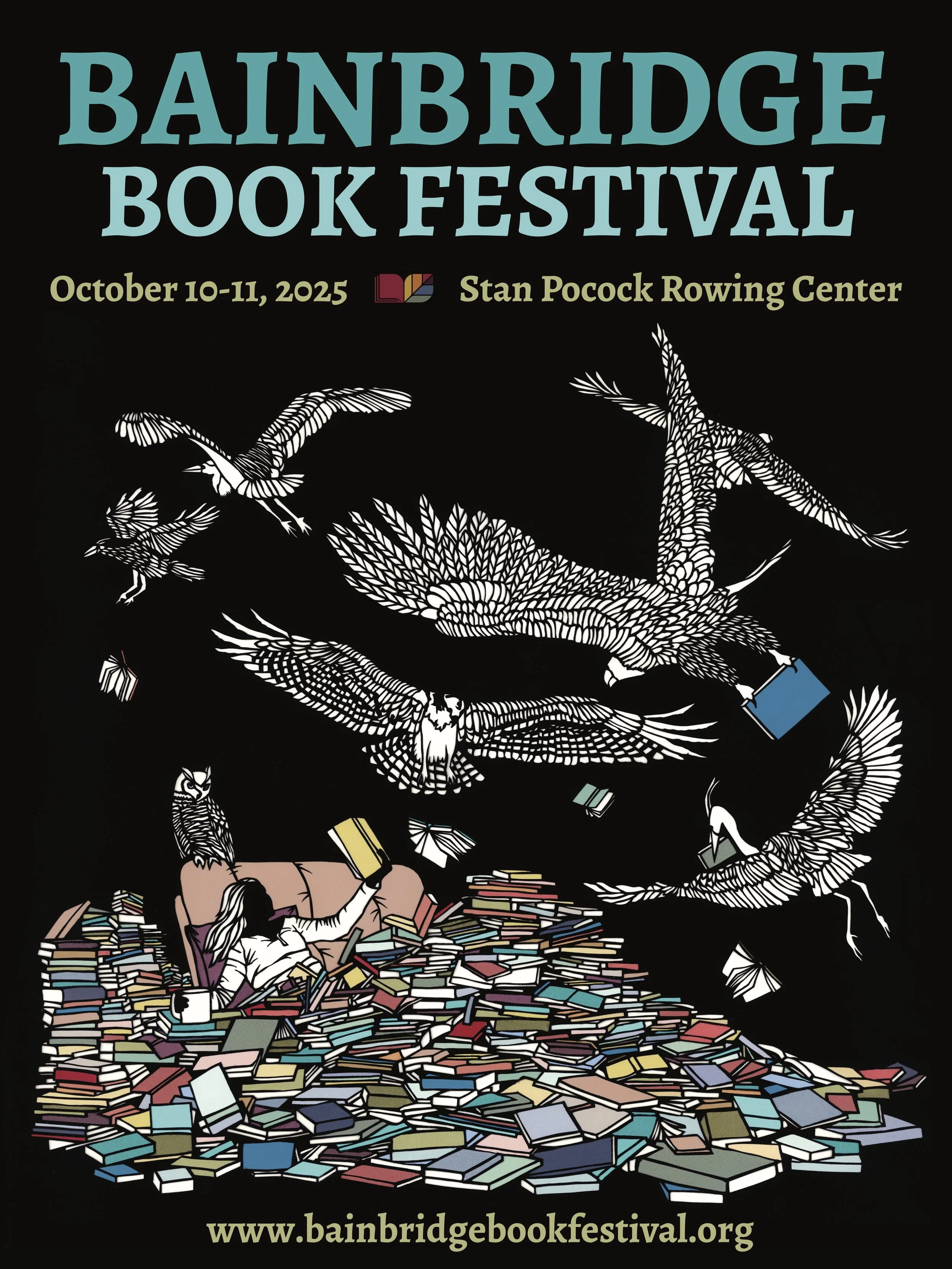 Poster for Bainbridge Book Festival, October 10-11, 2025, at Stan Pocock Rowing Center. The poster has a black background with illustrations of books and birds in flight.