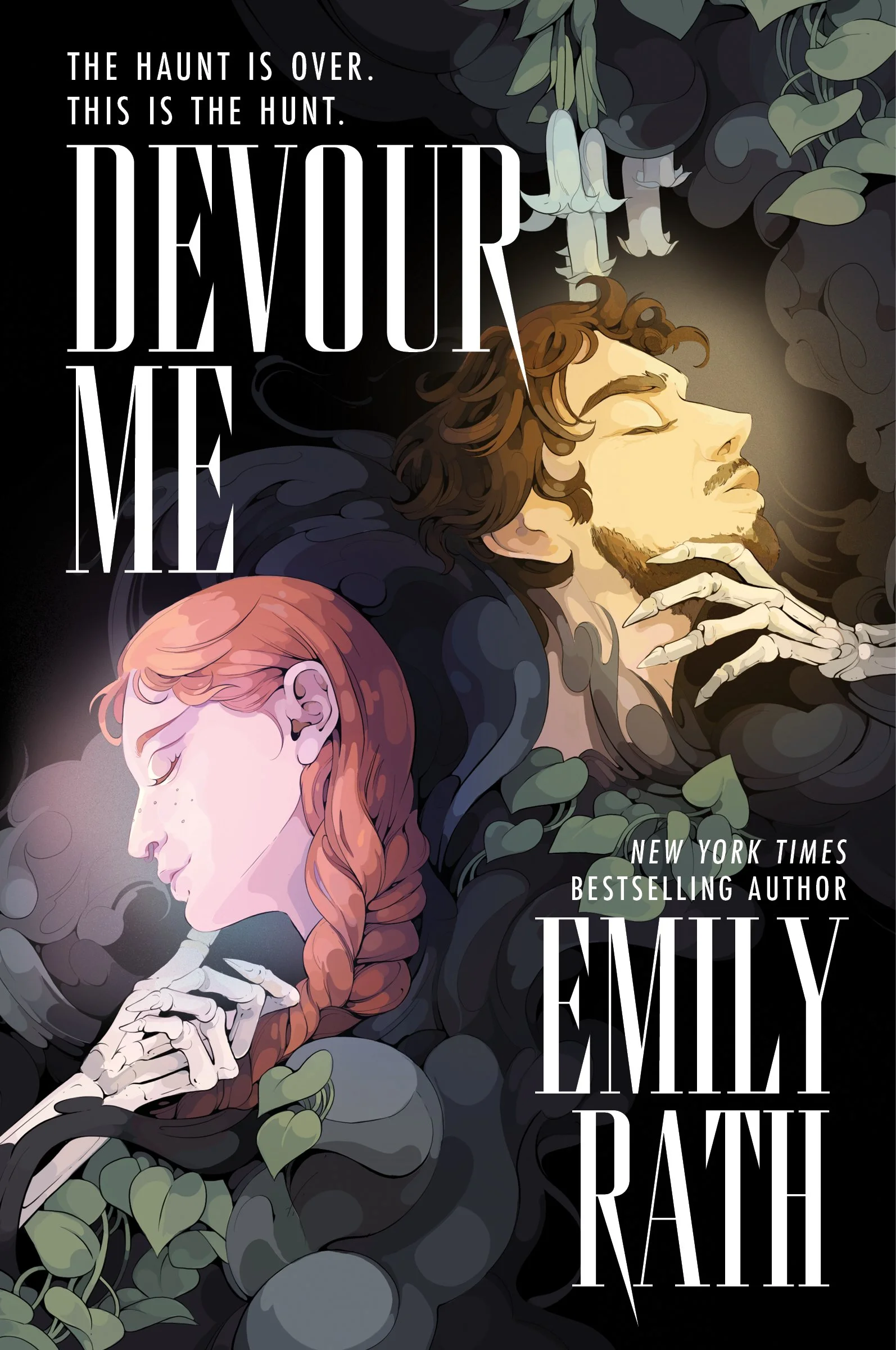 Illustration of a man and a woman with a dark, smoky background, surrounded by green leaves. The man has brown curly hair, a beard, and is shown in profile with his eyes closed. The woman has red hair styled in a braid, with her eyes closed and her head bowed. The text on the image reads: 'The haunt is over. This is the hunt. DEVOIR ME' and 'Family Ratch. New York Times bestselling author.'