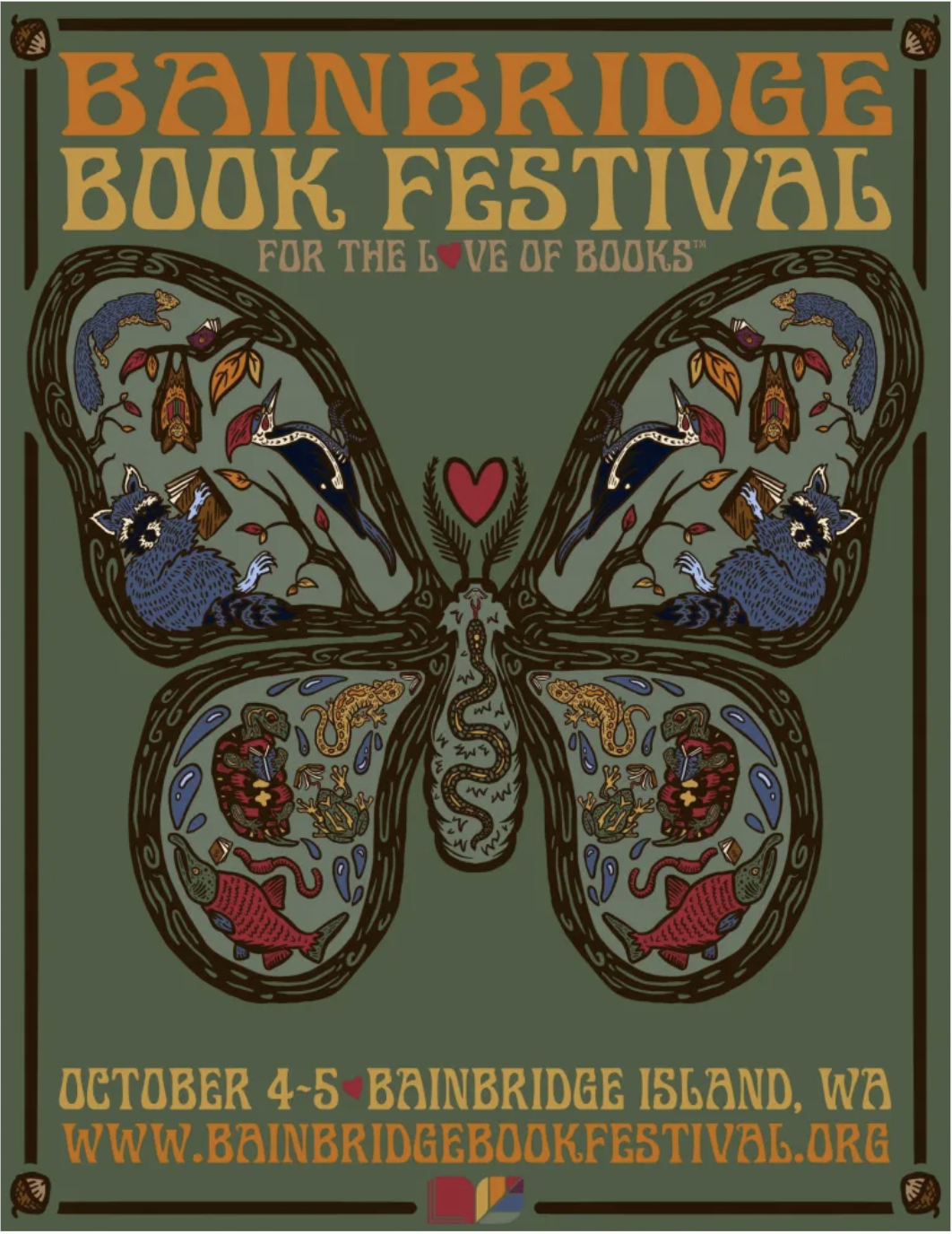 Poster for the Bainbridge Book Festival featuring a butterfly design with various animals and objects inside the wings, including raccoons, fish, snakes, and books, details of date, location, and website at the bottom.
