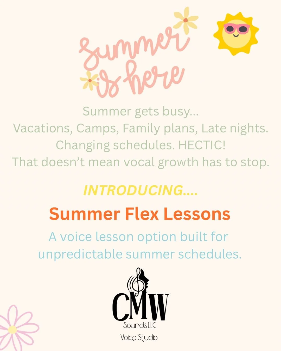 Summer Flex is here ☀️🎶

Flexible voice lessons for busy summer schedules.
Limited spots &bull; Priority Enrollment Ends May 30

DM &ldquo;SUMMER&rdquo; for the registration link 💛