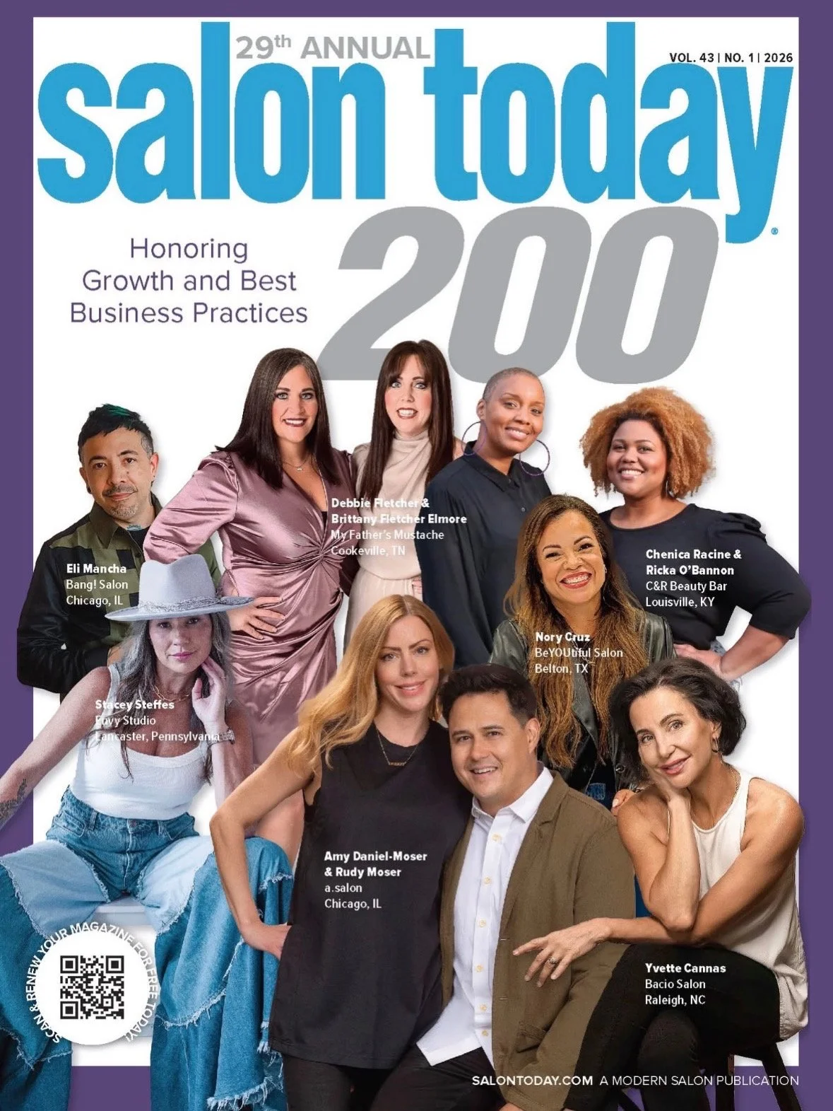 Cover of Salon Today magazine, 29th annual issue, featuring a group photo of eleven diverse salon professionals. The magazine highlights the 200 best business practices in the salon industry for 2026, with titles and names of individuals and their salon locations.