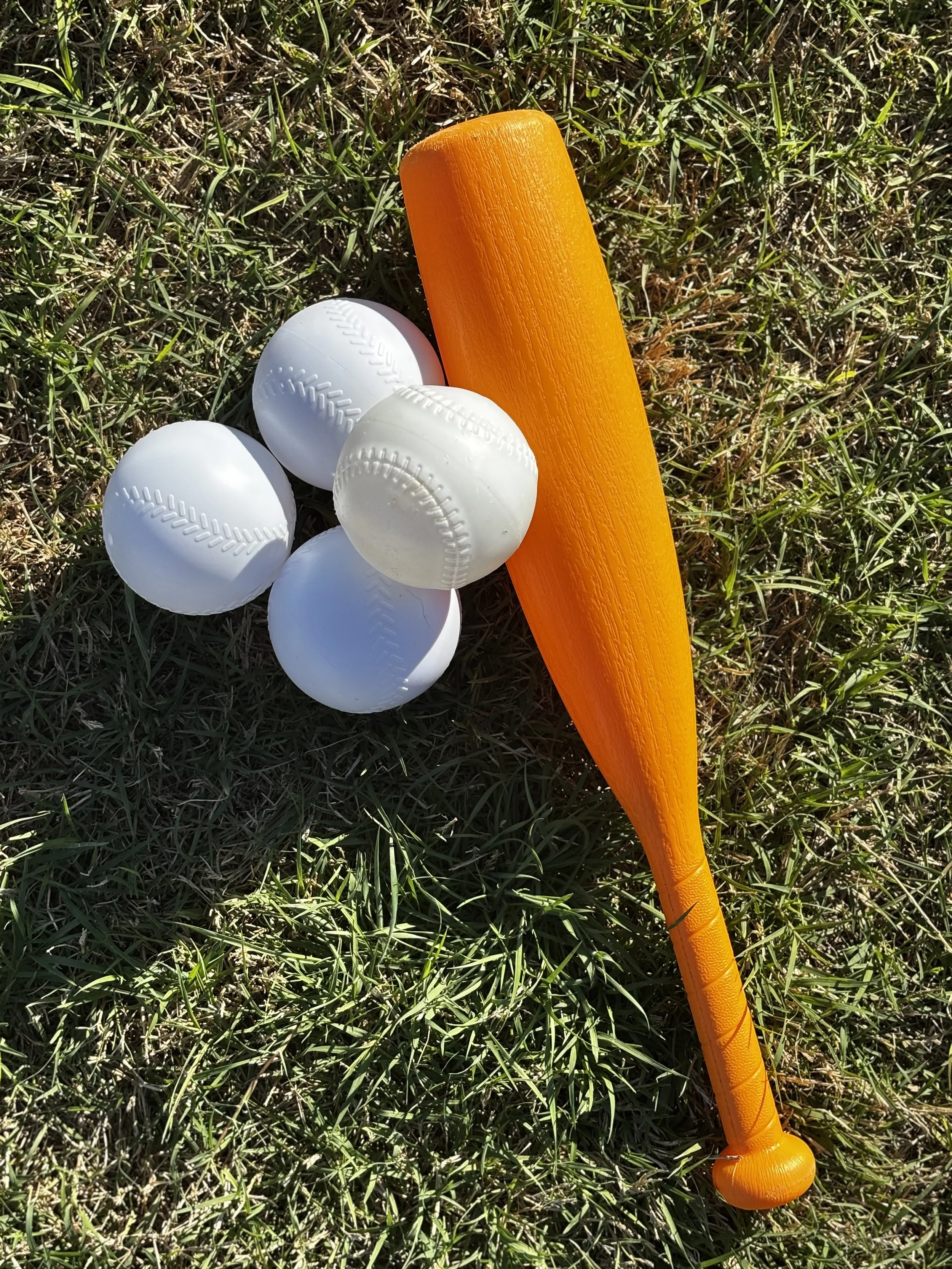Baseball bat and five white baseballs on grass
