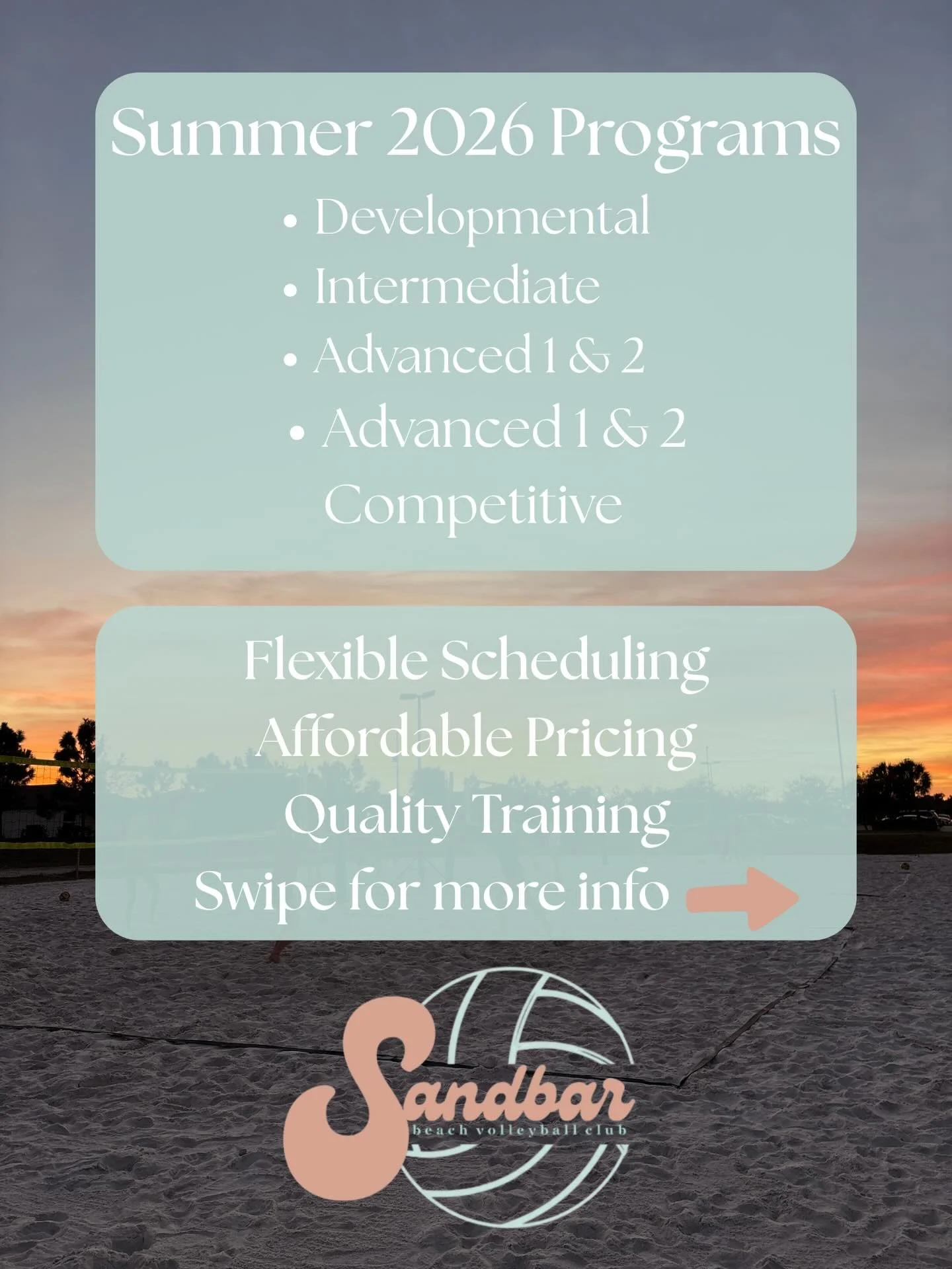 🏐 Summer 2026 Season Info 🏐

We offer programs in June &amp; July. Our June Calendar is posted. 

Why train with Sandbar? 

Flexible Scheduling: Work around your athlete&rsquo;s schedule. Choose the number of practice days per week that works for y