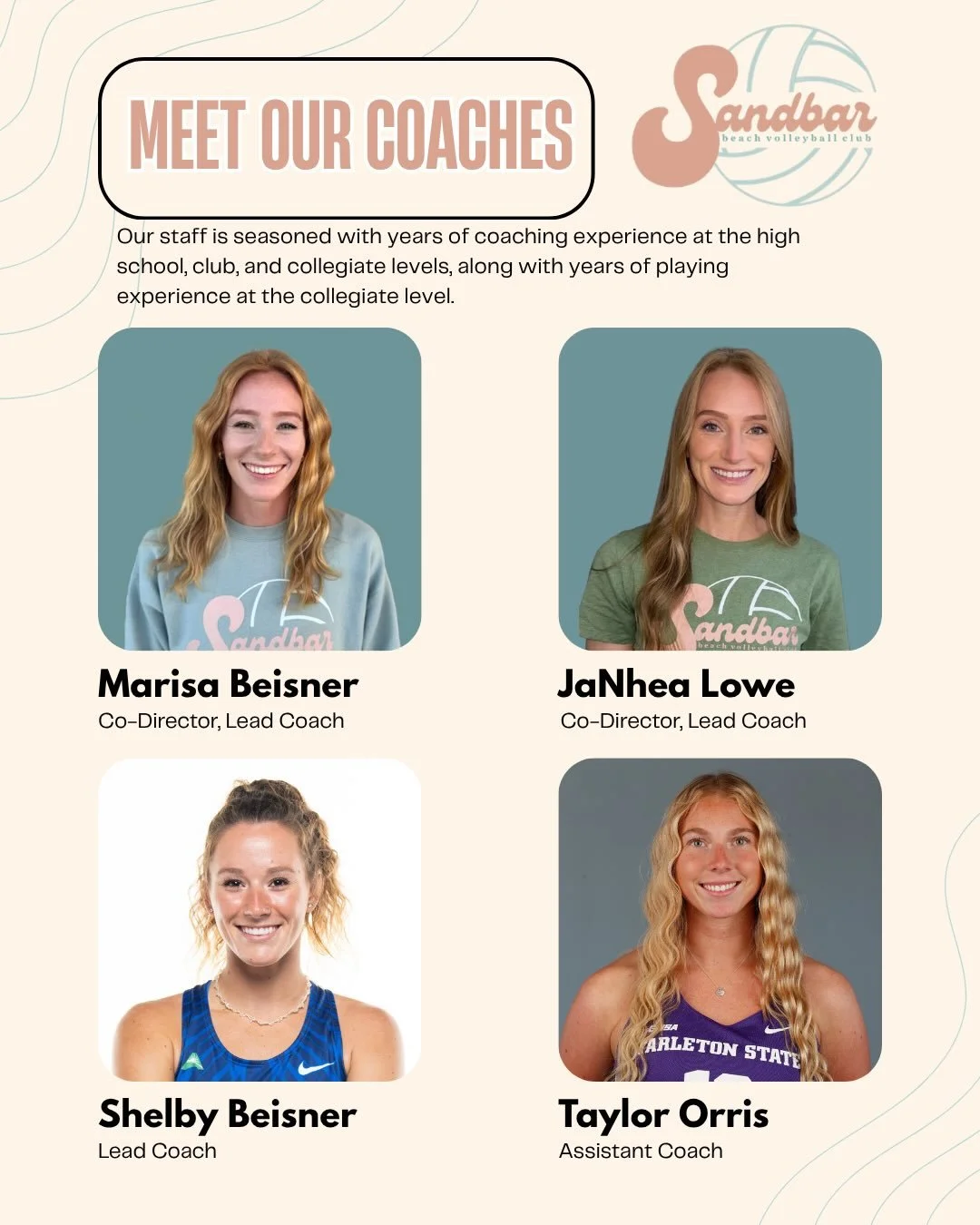 Say hello to our Summer 26 coaching staff! 👋🩷💚

If you&rsquo;re looking for coaches with extensive beach volleyball experience and connections, then look no further! Our staff is seasoned with years of coaching and playing experience at the high s