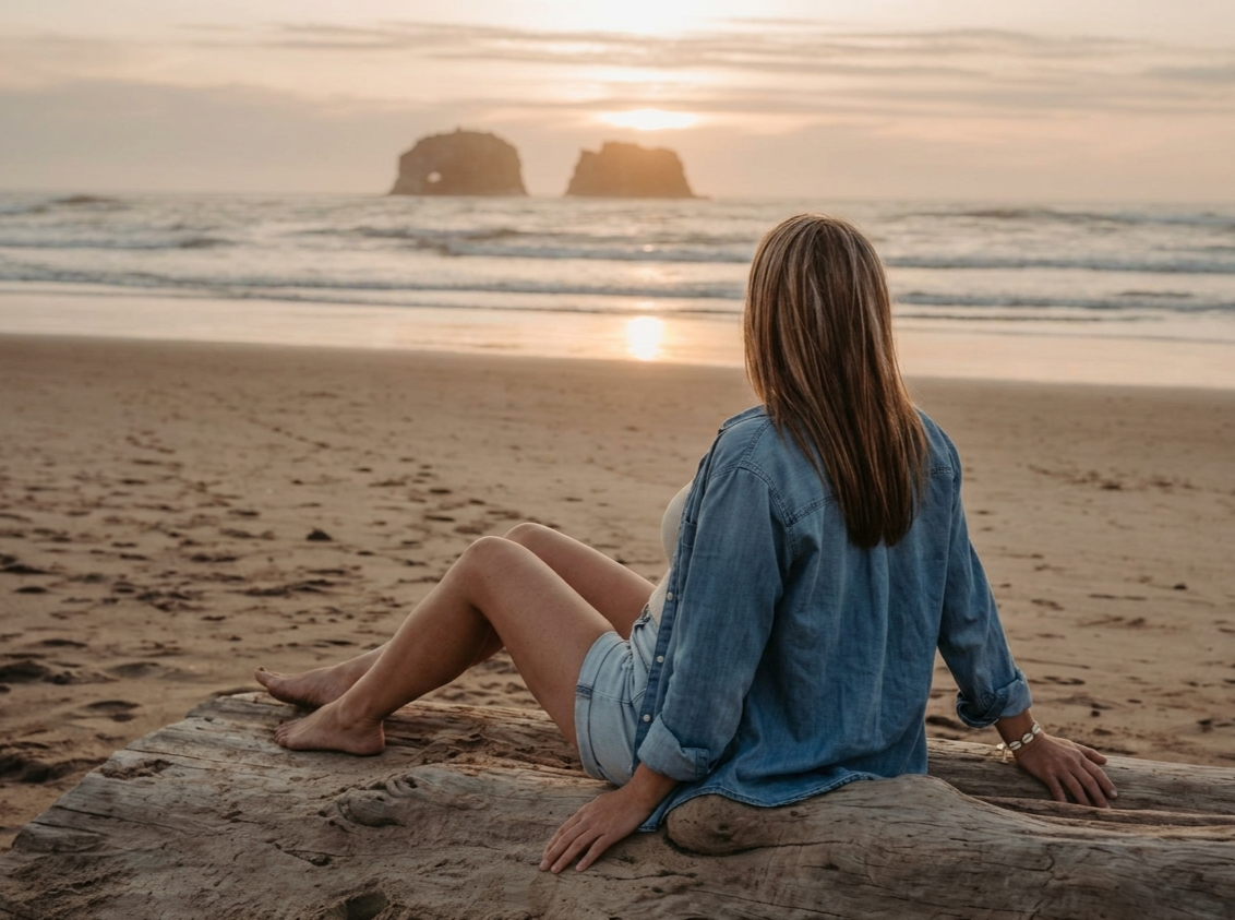A woman sitting on a log on a beach at sunset, looking at the ocean and distant rock formations.