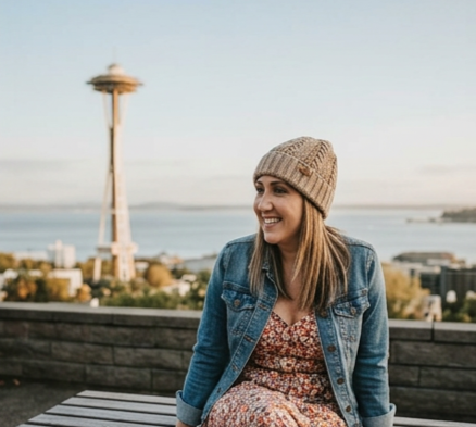 Smiling woman with a beanie and denim jacket sitting outdoors with city and water in the background