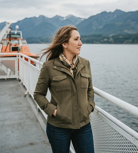 Woman in olive green jacket with hands in pockets on boat deck with mountains and water in background.