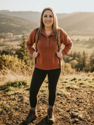 Young woman with long hair smiling outdoors during daytime, wearing an orange sweater, black leggings, and hiking boots, standing on a grassy hill with a scenic landscape in the background.
